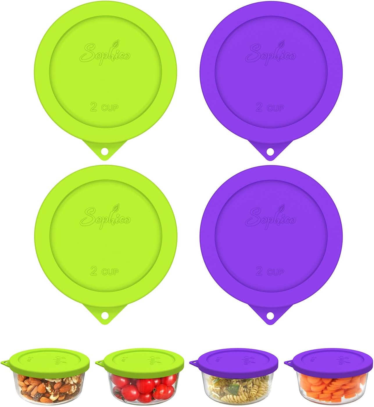 Sophico 2 Cup Round Silicone Storage Cover Lids Replacement for Anchor Hocking and Pyrex 7200-PC Glass Bowls (Container not Included) | Mix | 4 Pack