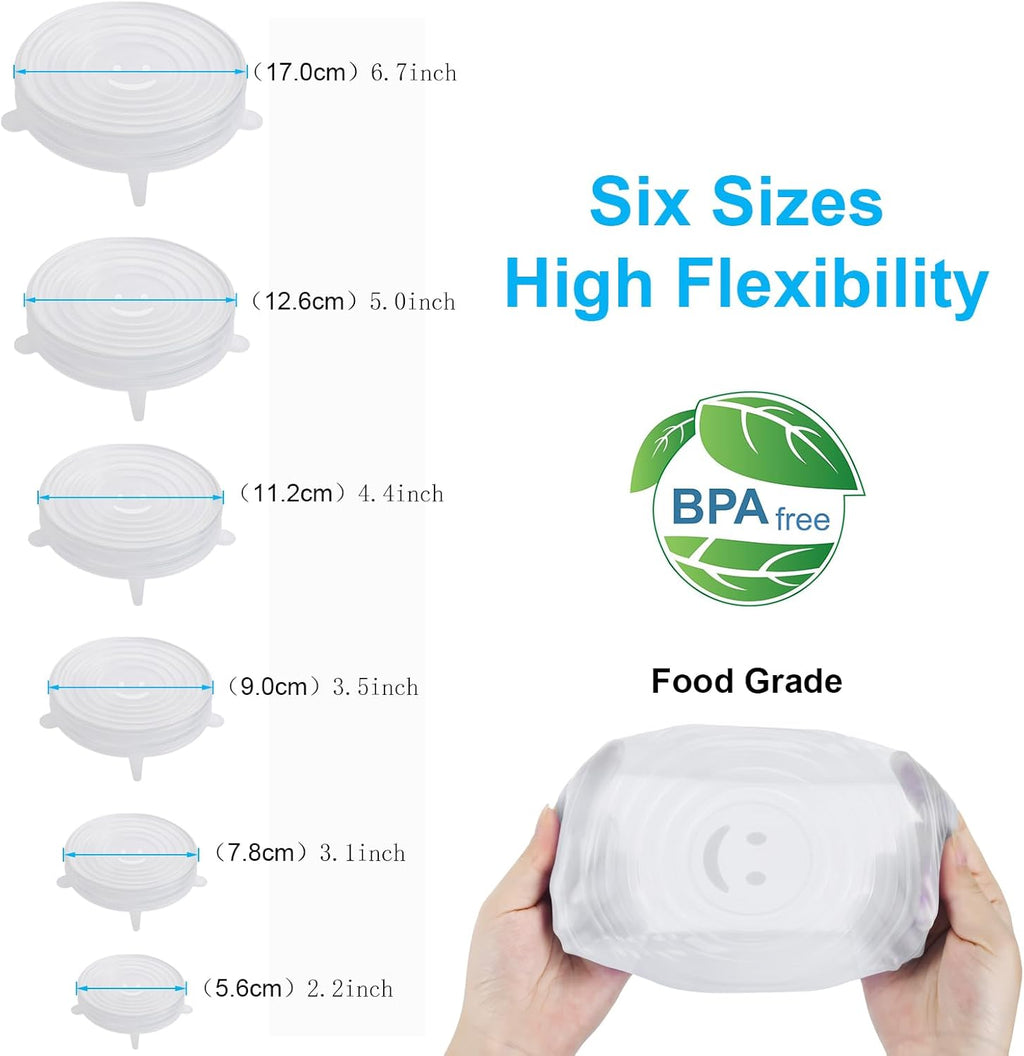 6PCS OstWony Silicone Stretch Lids. Four Specifications of Reusable Silicone Bowl Cover. Suitable for Various Food Containers. High and Low Temperature Scenarios (Microwave Ovens. Freezers)