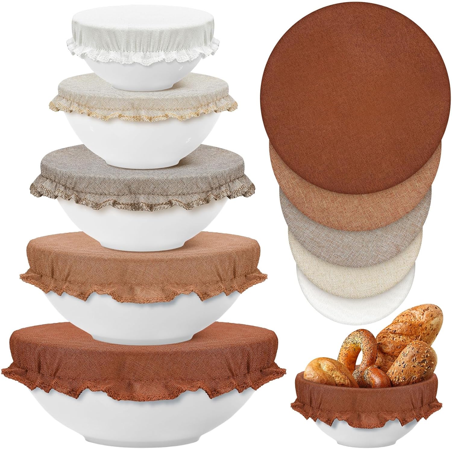 Patelai 10 Pcs Bowl Covers Reusable in 5 Size Stretch Cloth Fabric Elastic Food Storage Bowl Covers Bread Sourdough Lids for Proofing Food Fruits Leftover(Brown.Earth Tone Style)