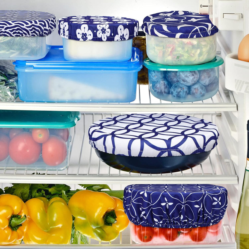 Patelai 10 Pcs Bowl Covers Reusable in 5 Size Stretch Cloth Fabric Elastic Food Storage Bowl Covers Bread Sourdough Lids for Proofing Food Fruits Leftover(Blue White.Stylish Style)