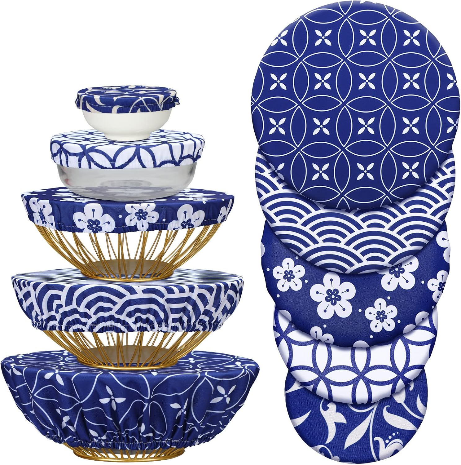 Patelai 10 Pcs Bowl Covers Reusable in 5 Size Stretch Cloth Fabric Elastic Food Storage Bowl Covers Bread Sourdough Lids for Proofing Food Fruits Leftover(Blue White.Stylish Style)