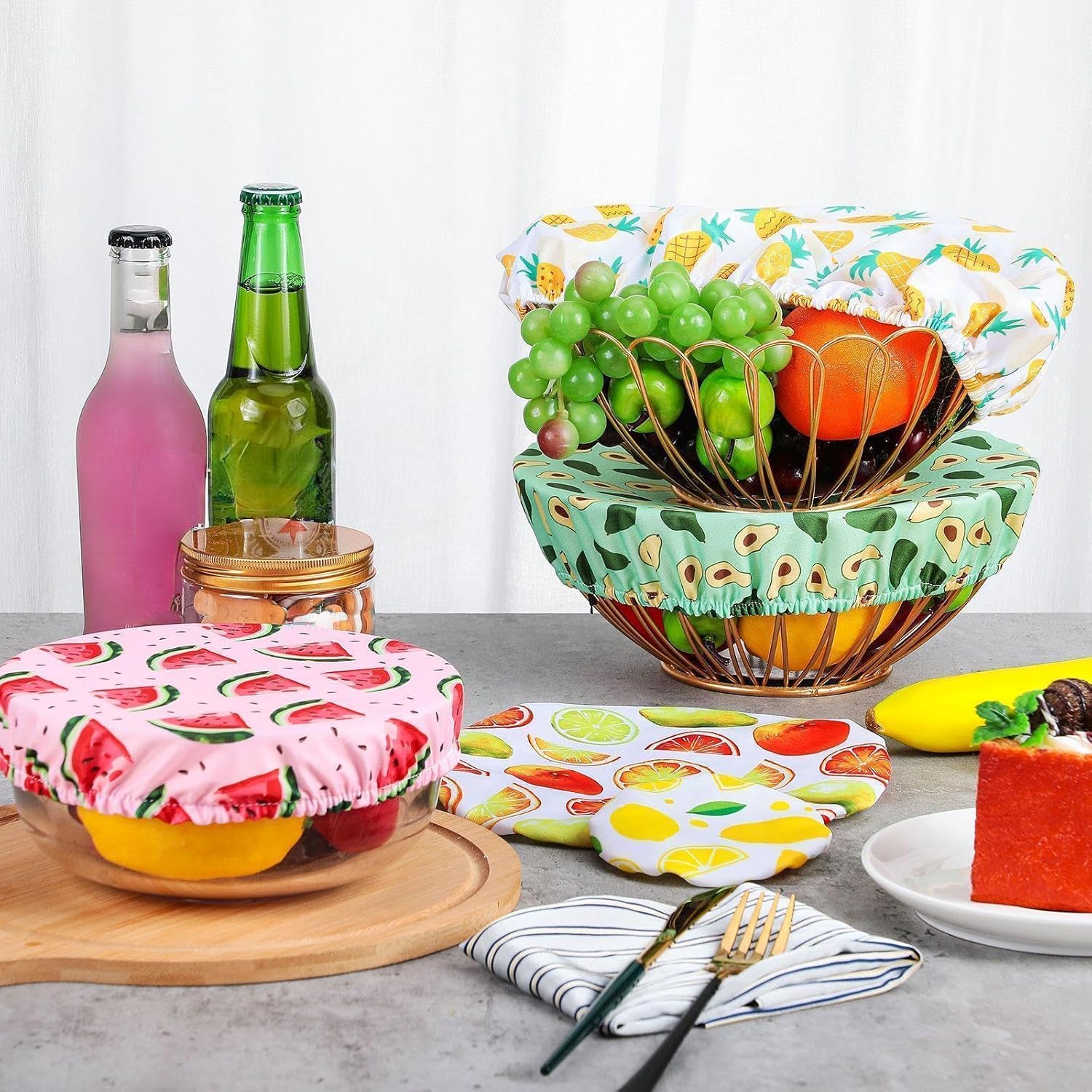 Patelai 10 Pcs Bowl Covers Reusable in 5 Size Stretch Cloth Fabric Elastic Food Storage Bowl Covers Bread Sourdough Lids for Proofing Food Fruits Leftover (Bright.Summer Style)