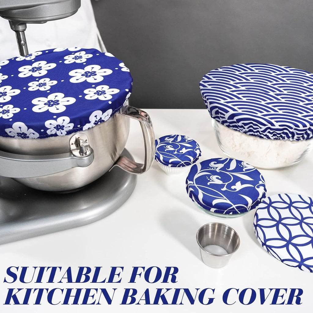 Patelai 10 Pcs Bowl Covers Reusable in 5 Size Stretch Cloth Fabric Elastic Food Storage Bowl Covers Bread Sourdough Lids for Proofing Food Fruits Leftover(Blue White.Stylish Style)