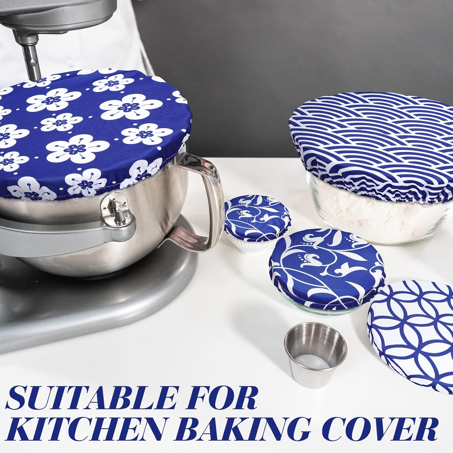 Patelai 10 Pcs Bowl Covers Reusable in 5 Size Stretch Cloth Fabric Elastic Food Storage Bowl Covers Bread Sourdough Lids for Proofing Food Fruits Leftover(Blue White.Stylish Style)