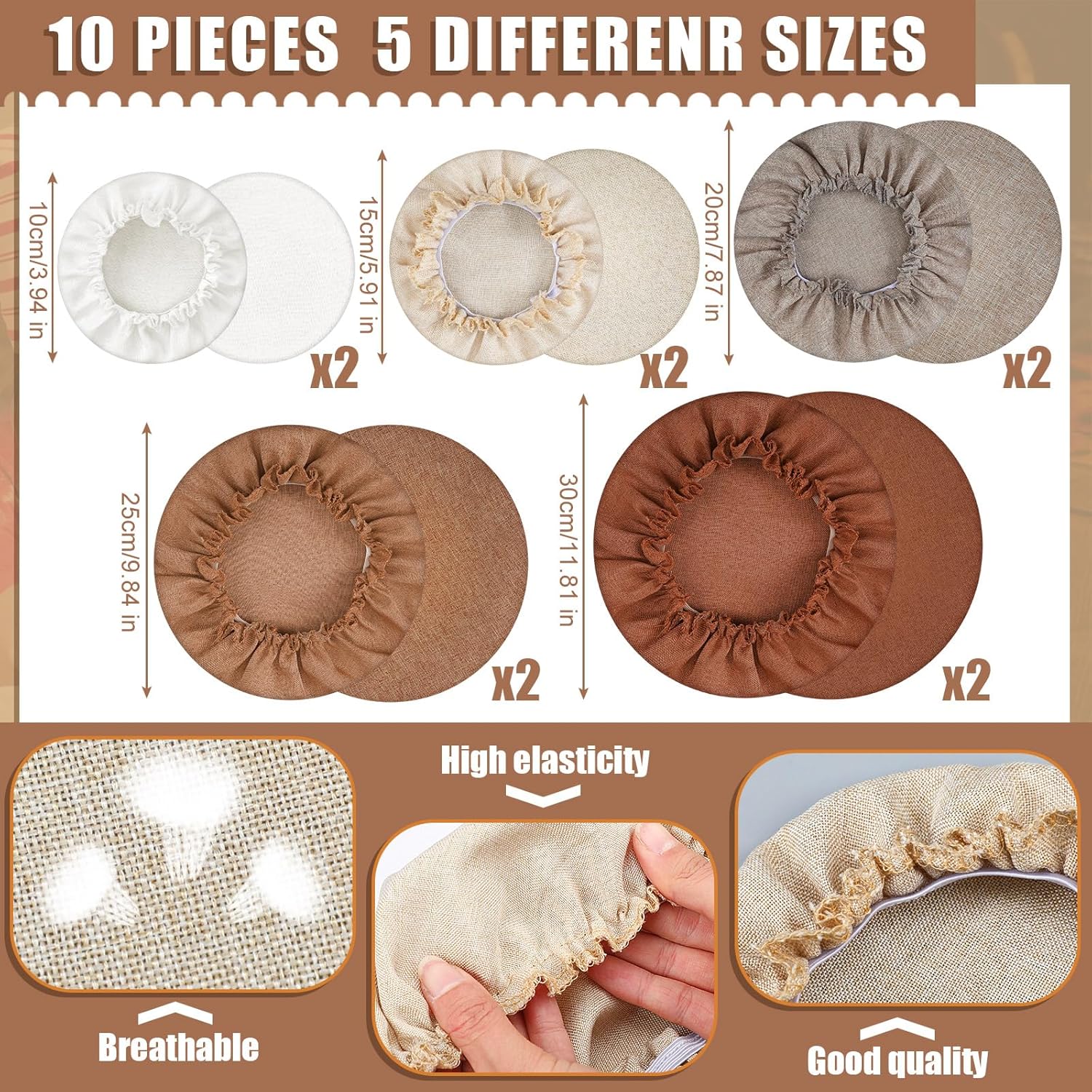 Patelai 10 Pcs Bowl Covers Reusable in 5 Size Stretch Cloth Fabric Elastic Food Storage Bowl Covers Bread Sourdough Lids for Proofing Food Fruits Leftover(Brown.Earth Tone Style)