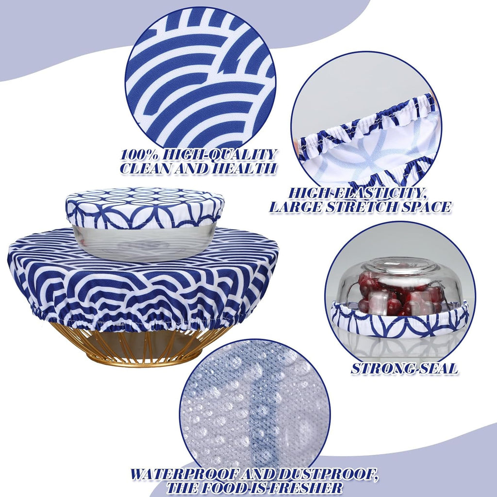 Patelai 10 Pcs Bowl Covers Reusable in 5 Size Stretch Cloth Fabric Elastic Food Storage Bowl Covers Bread Sourdough Lids for Proofing Food Fruits Leftover(Blue White.Stylish Style)