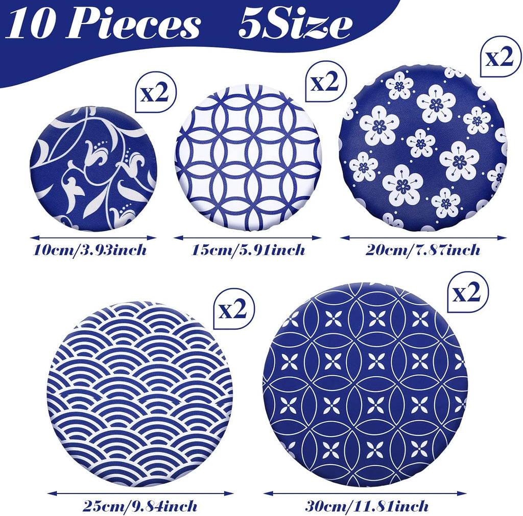 Patelai 10 Pcs Bowl Covers Reusable in 5 Size Stretch Cloth Fabric Elastic Food Storage Bowl Covers Bread Sourdough Lids for Proofing Food Fruits Leftover(Blue White.Stylish Style)
