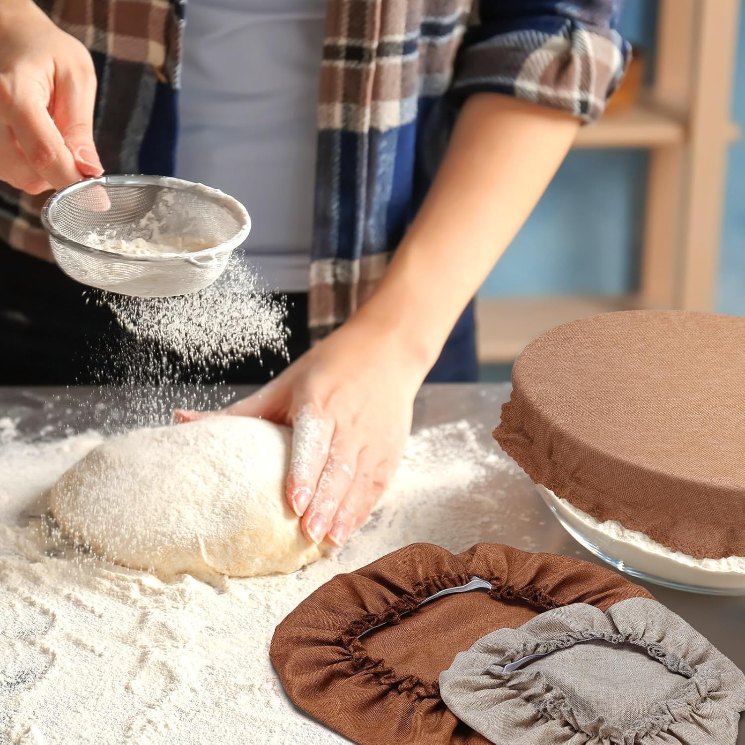 Patelai 10 Pcs Bowl Covers Reusable in 5 Size Stretch Cloth Fabric Elastic Food Storage Bowl Covers Bread Sourdough Lids for Proofing Food Fruits Leftover(Brown.Earth Tone Style)